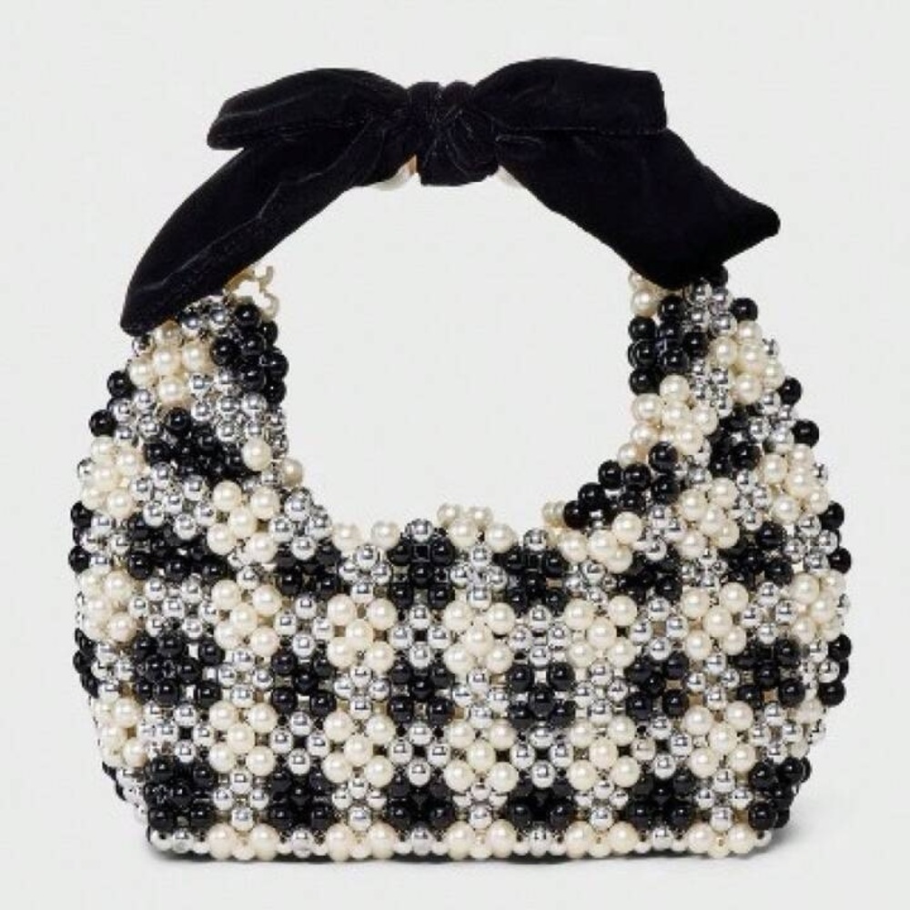 A New Day Black & Pearl Beaded Handbag with Velvet Bow